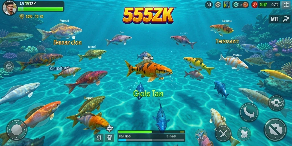 Tampilan gameplay seru dari 555ZK saat menangkap ikan berwarna-warni.