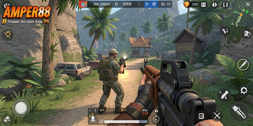 Tangkapan layar gameplay seru dalam AMPER88 dengan aksi tembak-menembak intens.