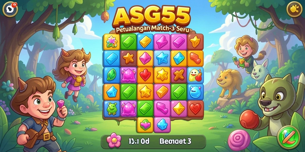 Tampilan warna-warni dari gameplay Match-3 ASG55 yang seru.