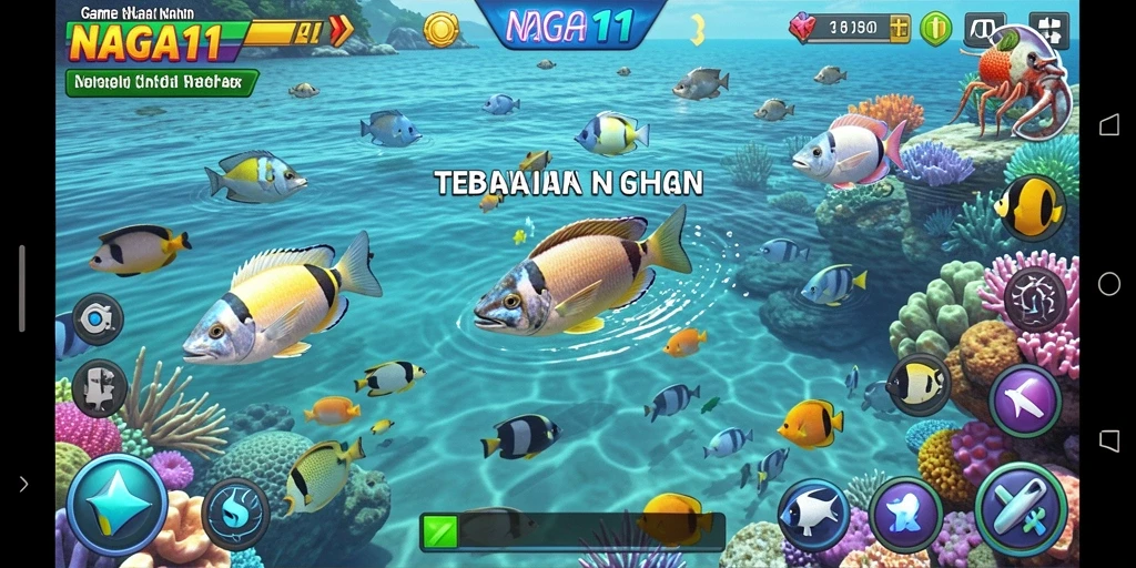 Screenshot NAGA11 menampilkan aksi seru dalam menembak ikan di lautan.